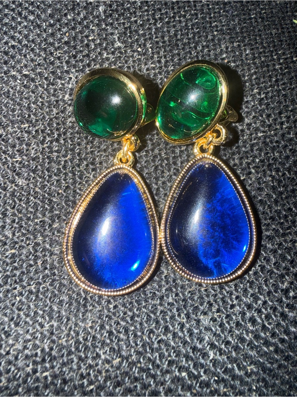 Ben-Amun Gold Drop clip on Earrings with Deep Blue Teardrop and Emerald Accent